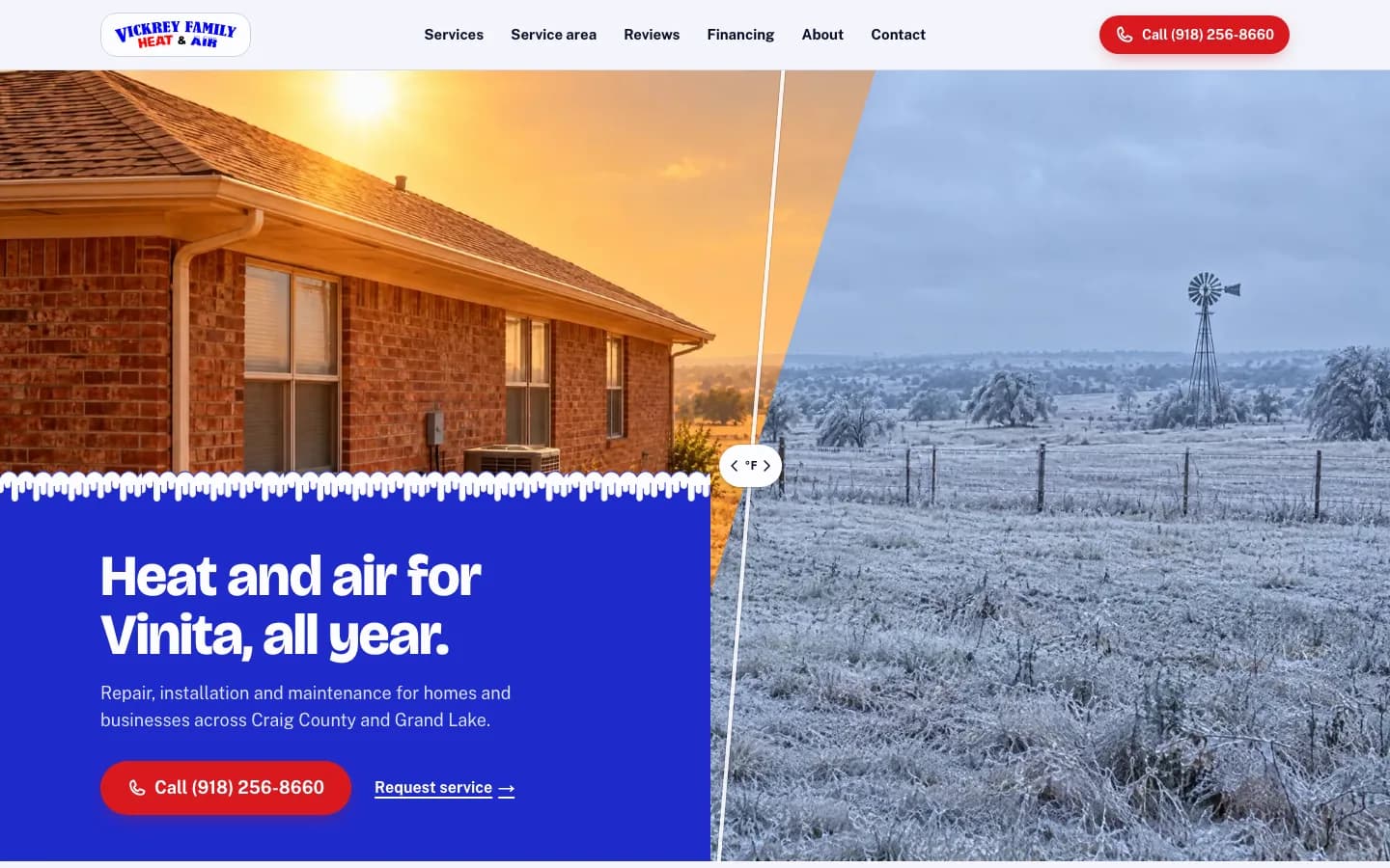 Home page of the Vickrey Family Heat & Air preview site at desktop width