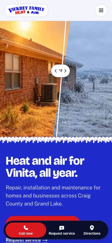 The Vickrey Family Heat & Air preview home page at phone width